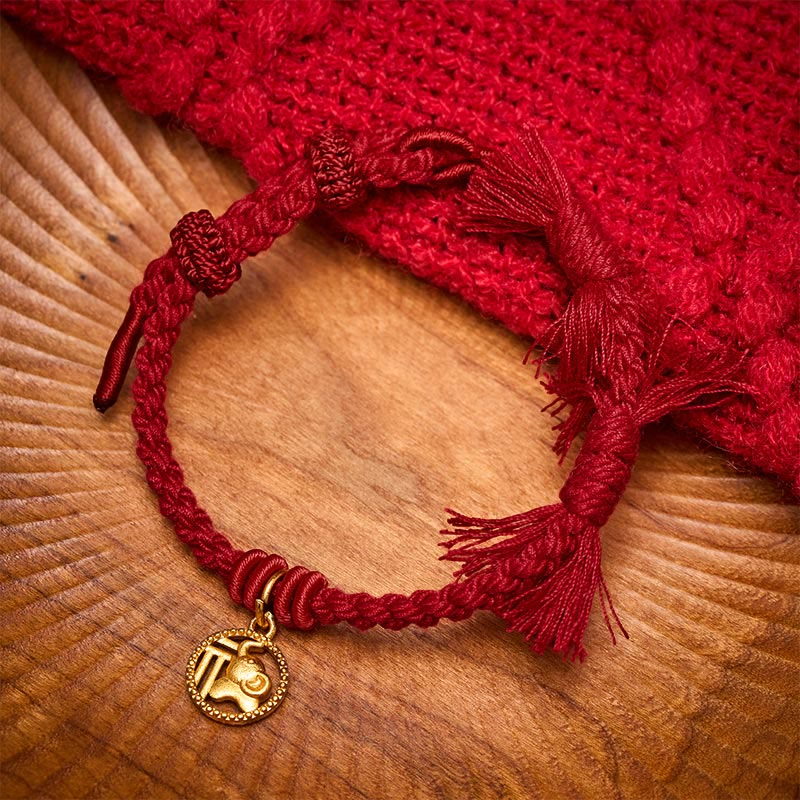 Buddha Stones Bracelet tibétain à cordon rouge et motif éléphant Fu plaqué or cuivre, équilibré - Rouge foncé (tour de poignet 14-17 cm) - image 11
