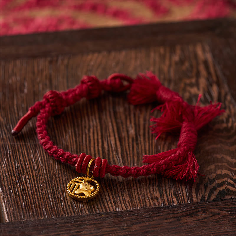 Buddha Stones Bracelet tibétain à cordon rouge et motif éléphant Fu plaqué or cuivre, équilibré - image 13