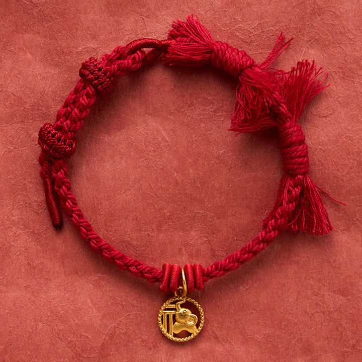 Buddha Stones Bracelet tibétain à cordon rouge et motif éléphant Fu plaqué or cuivre, équilibré - image 15