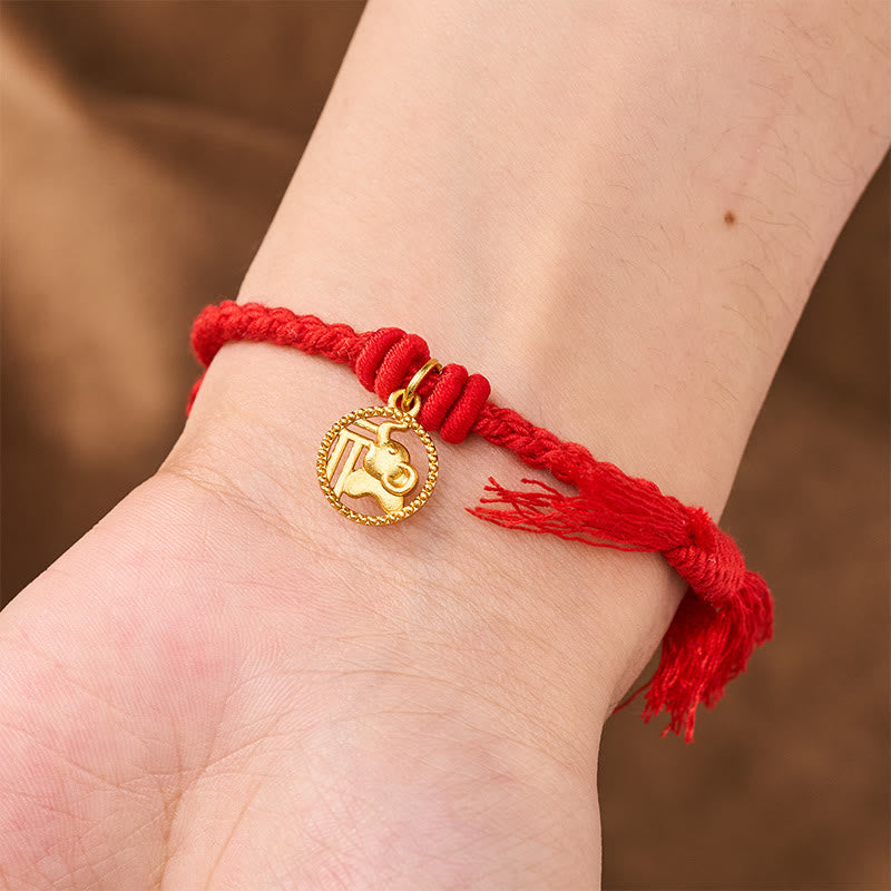 Buddha Stones Bracelet tibétain à cordon rouge et motif éléphant Fu plaqué or cuivre, équilibré - image 5