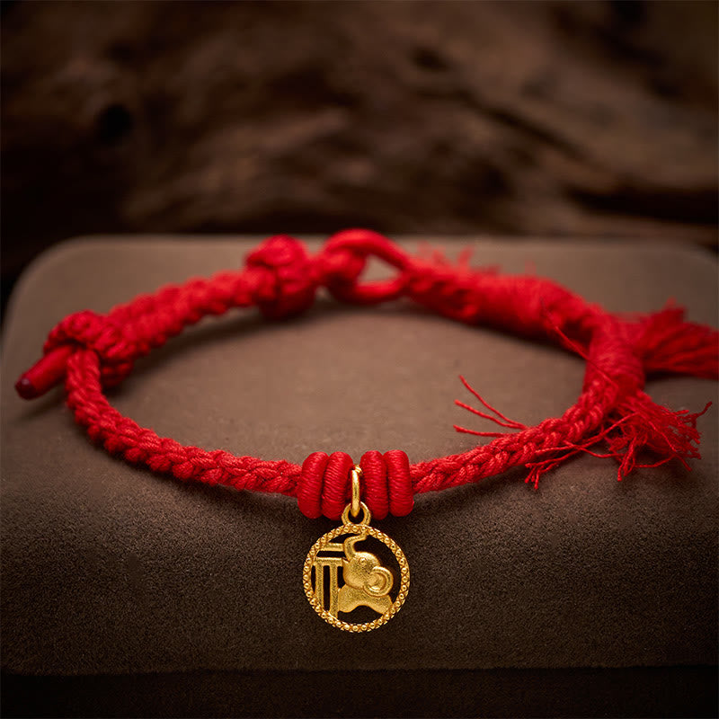 Buddha Stones Bracelet tibétain à cordon rouge et motif éléphant Fu plaqué or cuivre, équilibré - image 3