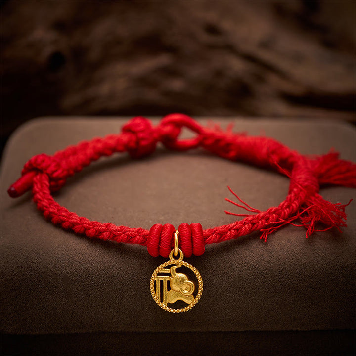 Buddha Stones Bracelet tibétain à cordon rouge et motif éléphant Fu plaqué or cuivre, équilibré - image 3