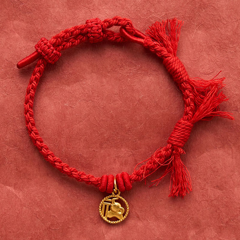 Buddha Stones Bracelet tibétain à cordon rouge et motif éléphant Fu plaqué or cuivre, équilibré - image 4
