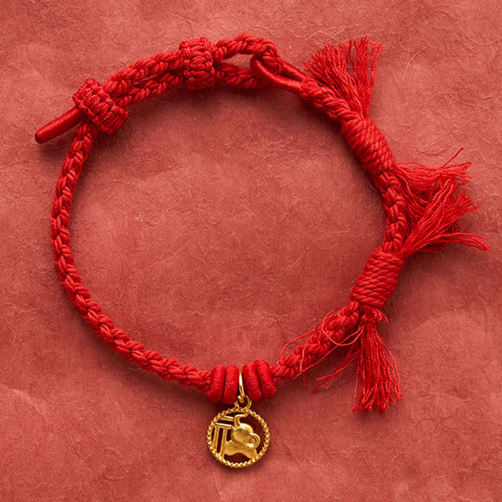 Buddha Stones Bracelet tibétain à cordon rouge et motif éléphant Fu plaqué or cuivre, équilibré - image 4