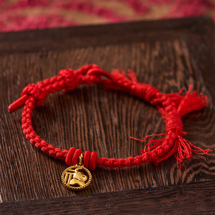 Buddha Stones Bracelet tibétain à cordon rouge et motif éléphant Fu plaqué or cuivre, équilibré - image 2