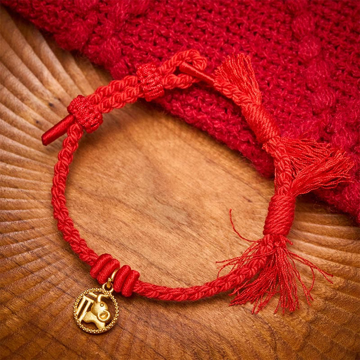 Buddha Stones Bracelet tibétain à cordon rouge et motif éléphant Fu plaqué or cuivre, équilibré - Rouge (Tour de poignet 14-17 cm) - image 0