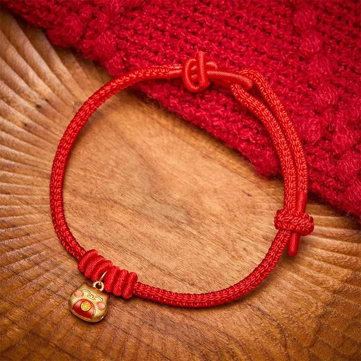Buddha Stones Bracelet de protection chat en argent sterling 925 plaqué or et cordon rouge - Rouge (Tour de poignet 15-18 cm) - image 0