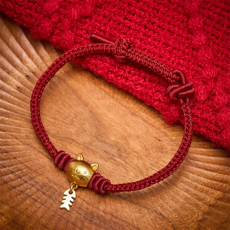 Buddha Stones Bracelet de guérison en cuivre avec un joli chat et un poisson, fil rouge - image 1