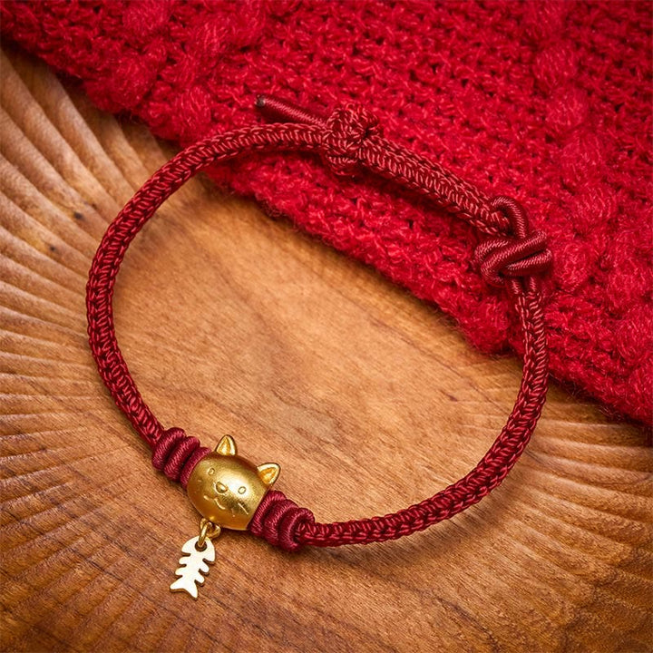 Buddha Stones Bracelet de guérison en cuivre avec un joli chat et un poisson, fil rouge - image 1
