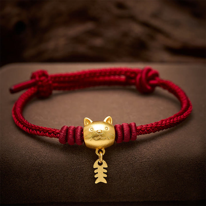 Buddha Stones Bracelet de guérison en cuivre avec un joli chat et un poisson, fil rouge - image 3