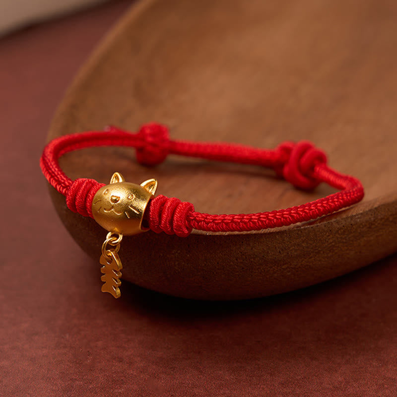 Buddha Stones Bracelet de guérison en cuivre avec un joli chat et un poisson, fil rouge - Rouge (Tour de poignet 15-18 cm) - image 10