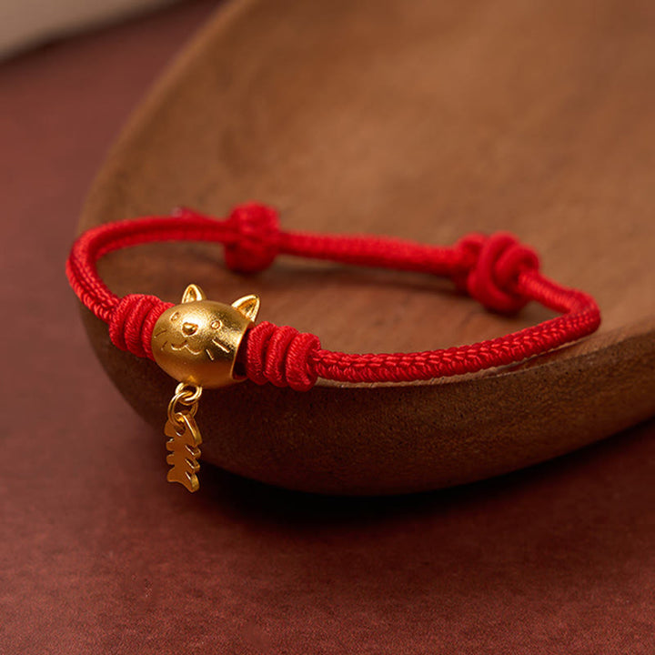 Buddha Stones Bracelet de guérison en cuivre avec un joli chat et un poisson, fil rouge - Rouge (Tour de poignet 15-18 cm) - image 10