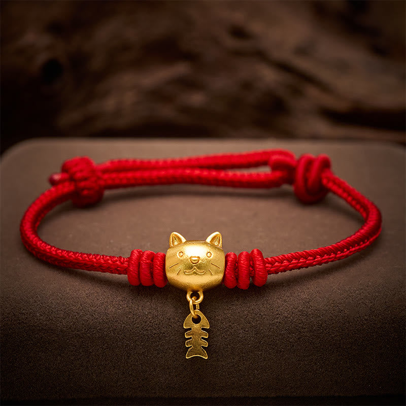 Buddha Stones Bracelet de guérison en cuivre avec un joli chat et un poisson, fil rouge - image 13