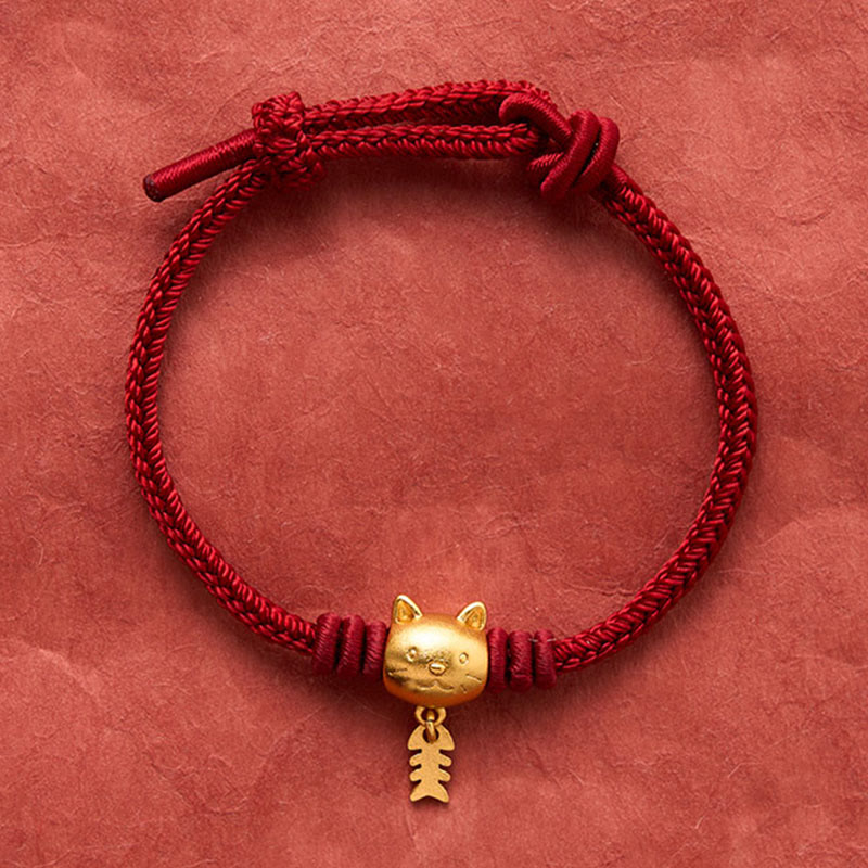 Buddha Stones Bracelet de guérison en cuivre avec un joli chat et un poisson, fil rouge - image 4
