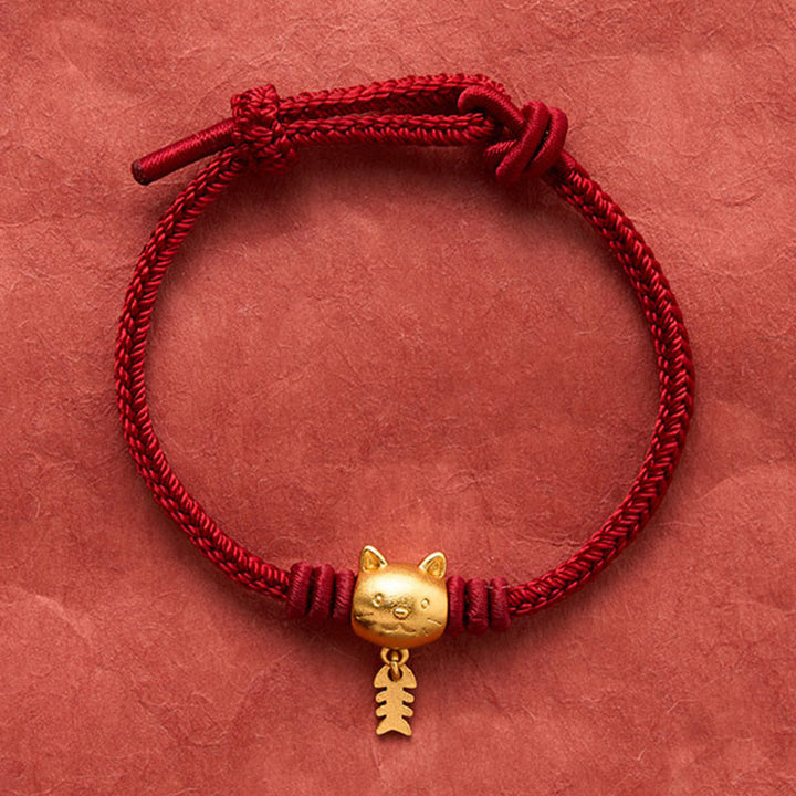 Buddha Stones Bracelet de guérison en cuivre avec un joli chat et un poisson, fil rouge - image 4