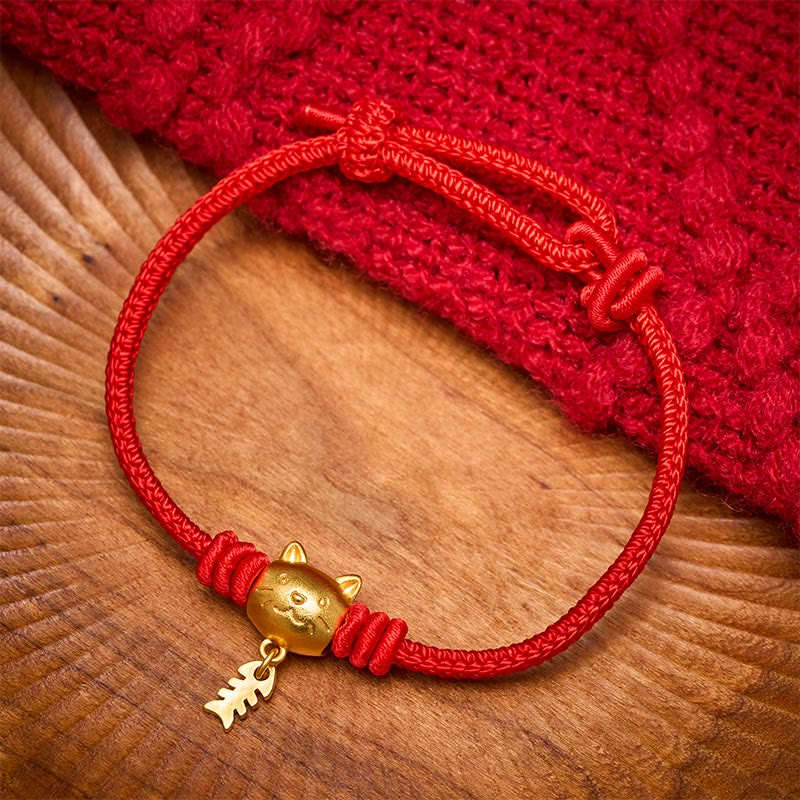 Buddha Stones Bracelet de guérison en cuivre avec un joli chat et un poisson, fil rouge - image 11