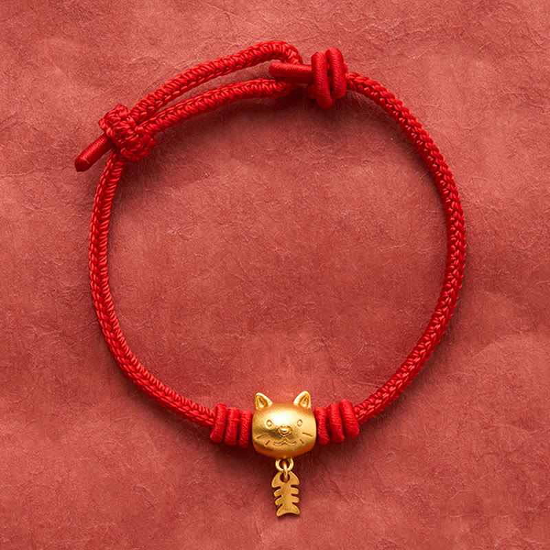 Buddha Stones Bracelet de guérison en cuivre avec un joli chat et un poisson, fil rouge - image 14