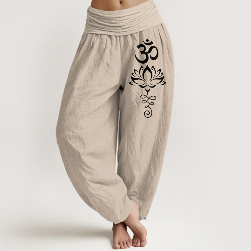 Buddha Stones Pantalon harem pour femme en pur coton à motif lotus Om et taille élastique - Tanné - US16，UK/AU20，EU48 (3XL) - image 11
