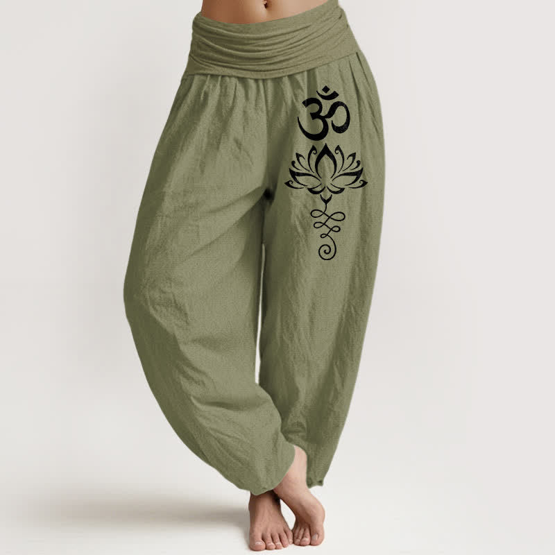 Buddha Stones Pantalon harem pour femme en pur coton à motif lotus Om et taille élastique - Vert olive - US16，UK/AU20，EU48 (3XL) - image 14