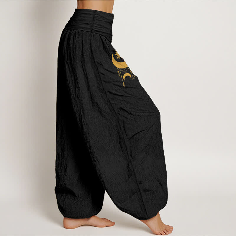 Buddha Stones Pantalon harem pour femme en pur coton, motif croissant de lune et étoiles dorés, taille élastique - image 6