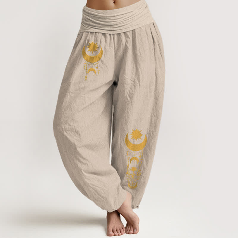 Buddha Stones Pantalon harem pour femme en pur coton, motif croissant de lune et étoiles dorés, taille élastique - Tanné - US16，UK/AU20，EU48 (3XL) - image 14