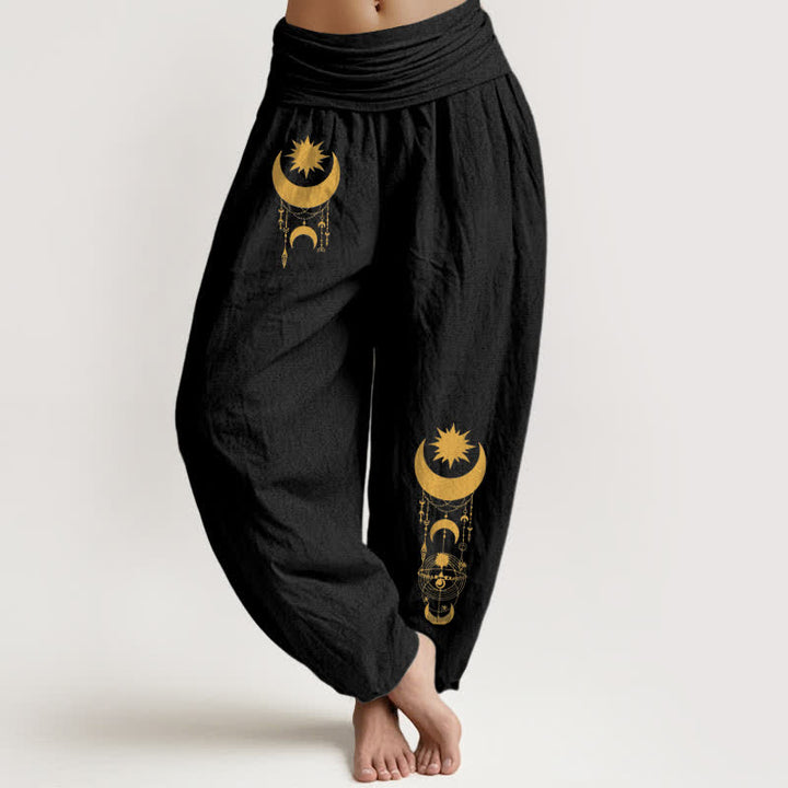 Buddha Stones Pantalon harem pour femme en pur coton, motif croissant de lune et étoiles dorés, taille élastique - Noir - US16，UK/AU20，EU48 (3XL) - image 5