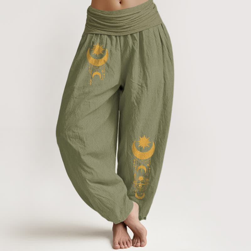 Buddha Stones Pantalon harem pour femme en pur coton, motif croissant de lune et étoiles dorés, taille élastique - Vert olive - US16，UK/AU20，EU48 (3XL) - image 11