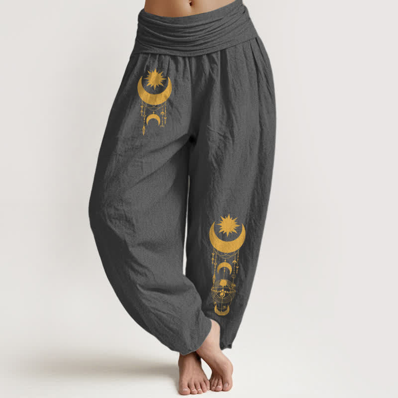 Buddha Stones Pantalon harem pour femme en pur coton, motif croissant de lune et étoiles dorés, taille élastique - Gris sombre - US16，UK/AU20，EU48 (3XL) - image 0
