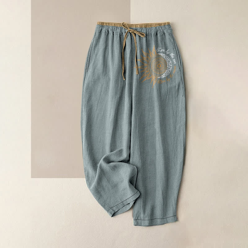 Buddha Stones Pantalon pour femme en pur coton avec motif mandala soleil et lune, taille élastique et poches - Bleu clair - US16，UK/AU20，EU48 (3XL) - image 8