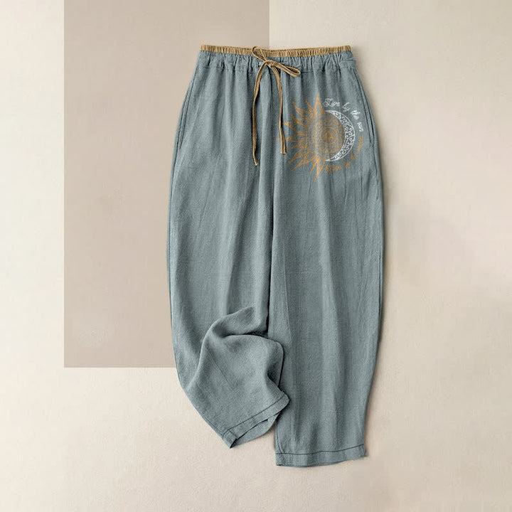 Buddha Stones Pantalon pour femme en pur coton avec motif mandala soleil et lune, taille élastique et poches - Bleu clair - US16，UK/AU20，EU48 (3XL) - image 8