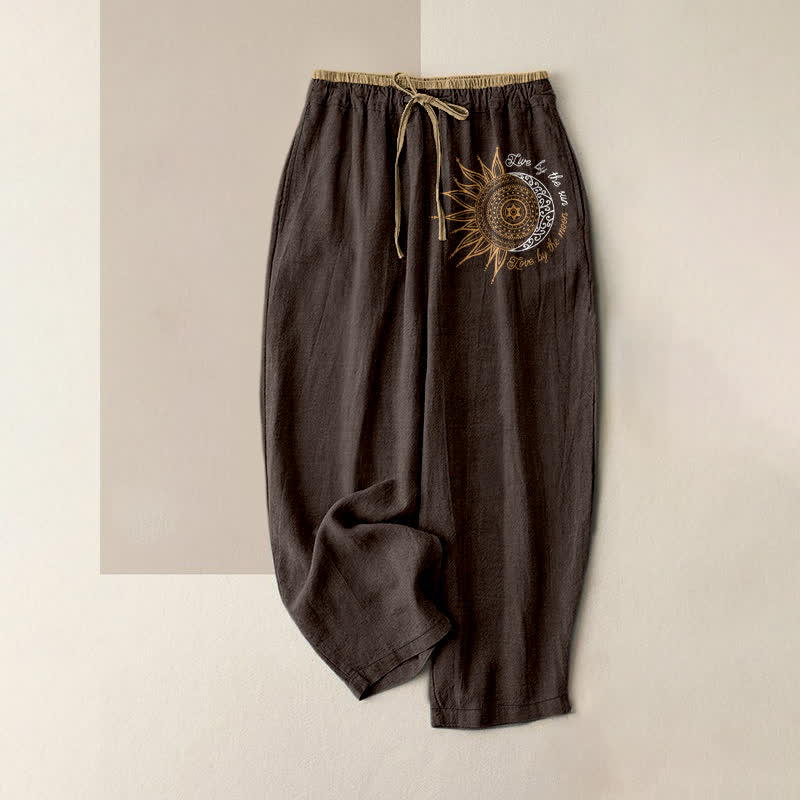 Buddha Stones Pantalon pour femme en pur coton avec motif mandala soleil et lune, taille élastique et poches - SaddleBrown - US16，UK/AU20，EU48 (3XL) - image 4