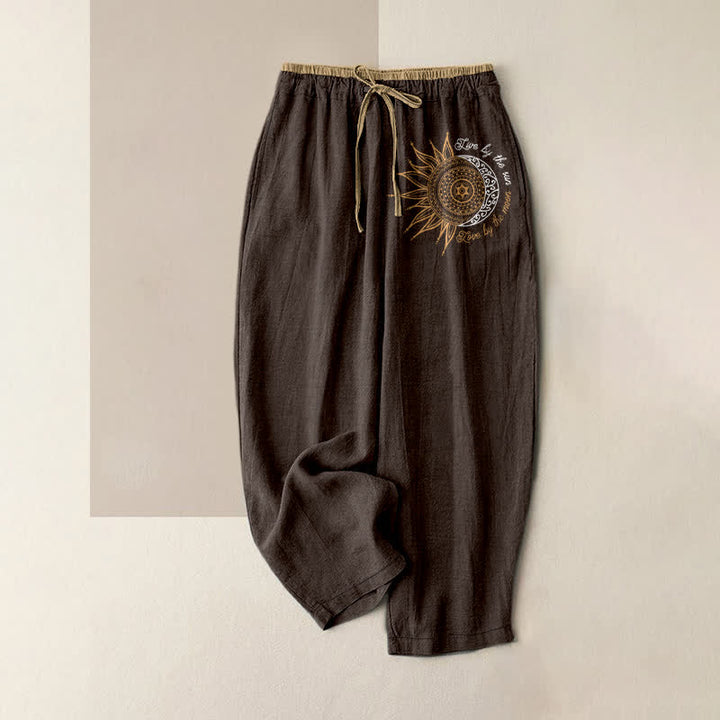 Buddha Stones Pantalon pour femme en pur coton avec motif mandala soleil et lune, taille élastique et poches - SaddleBrown - US16，UK/AU20，EU48 (3XL) - image 4