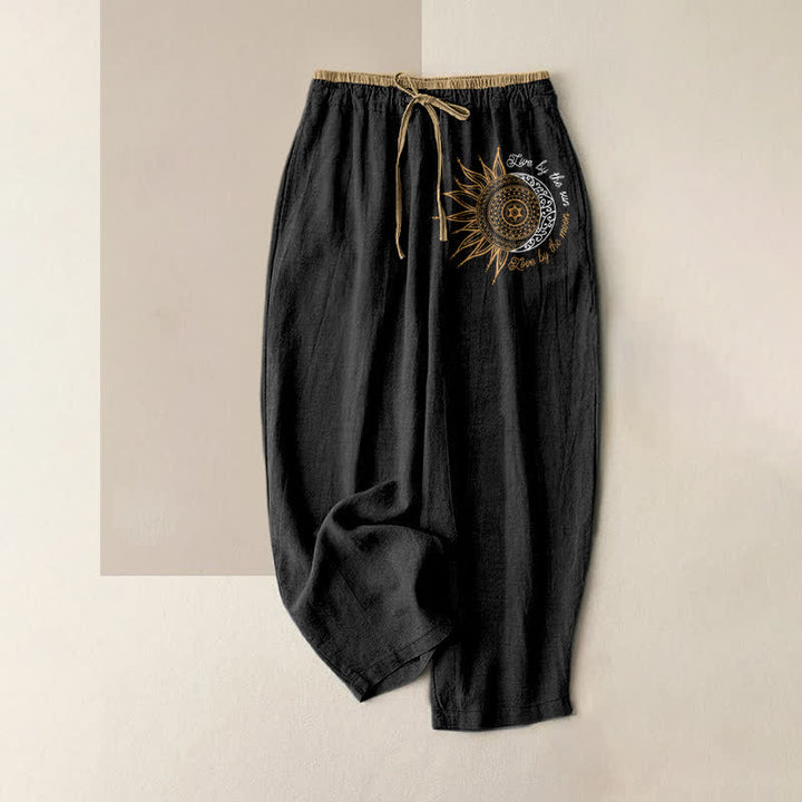 Buddha Stones Pantalon pour femme en pur coton avec motif mandala soleil et lune, taille élastique et poches - Noir - US16，UK/AU20，EU48 (3XL) - image 0