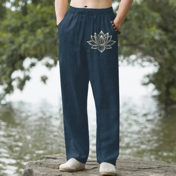 Buddha Stones Pantalon fuselé pour homme en coton à motif lotus doré avec poches - Marine - US/UK/AU50，EU60 (5XL) - image 0