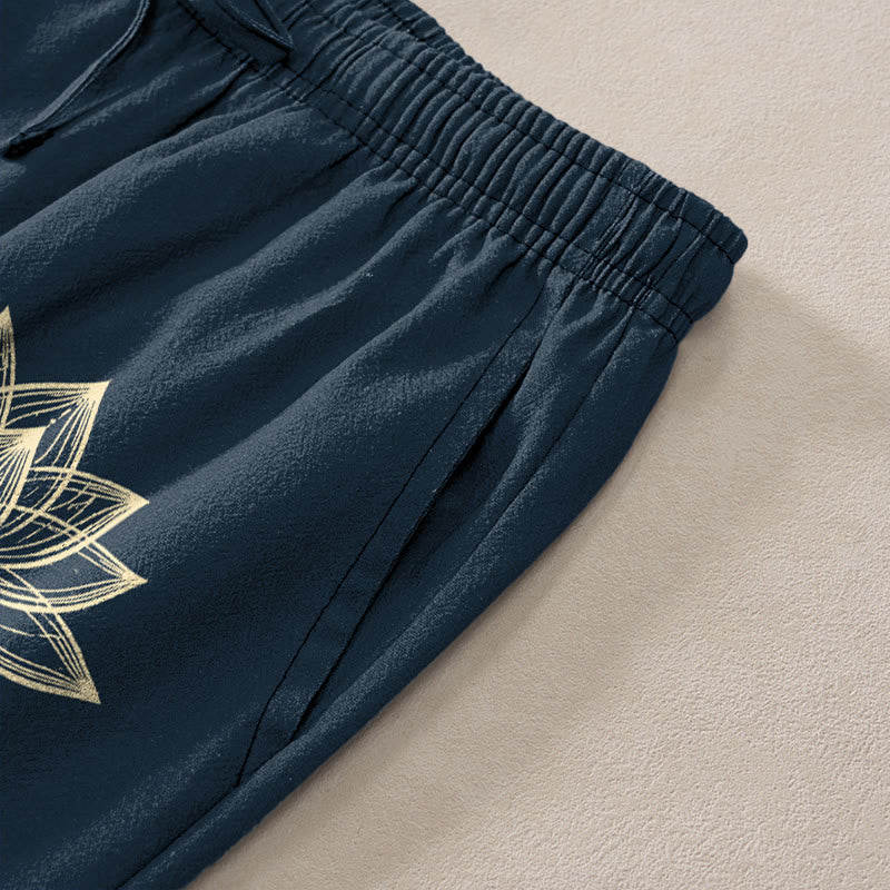 Buddha Stones Pantalon fuselé pour homme en coton à motif lotus doré avec poches - image 3