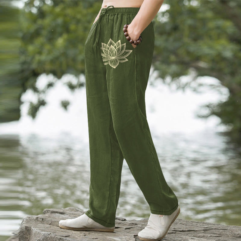 Buddha Stones Pantalon fuselé pour homme en coton à motif lotus doré avec poches - image 5