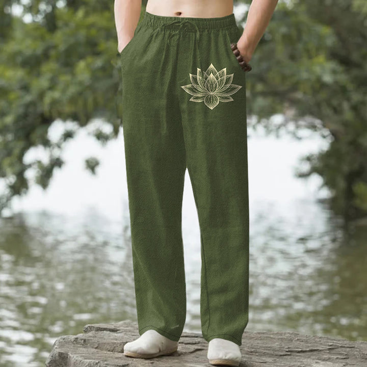Buddha Stones Pantalon fuselé pour homme en coton à motif lotus doré avec poches - Vert olive foncé - US/UK/AU50，EU60 (5XL) - image 4