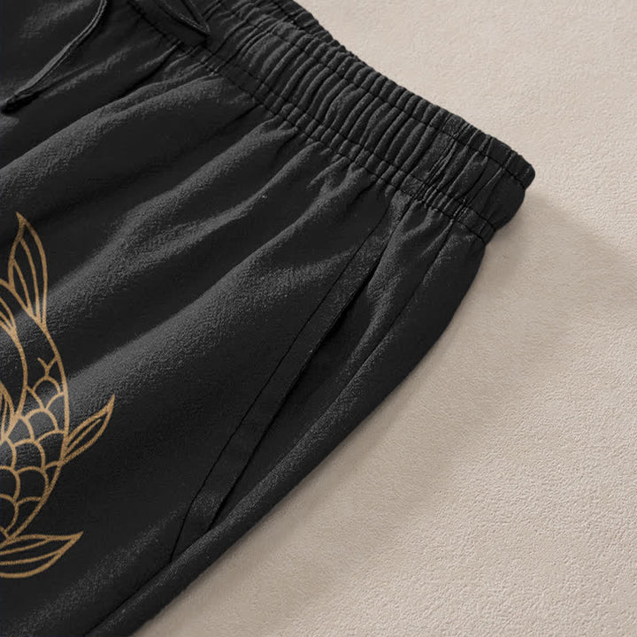 Buddha Stones Pantalon fuselé pour homme en coton à motif de carpes koï dorées, avec poches - image 3