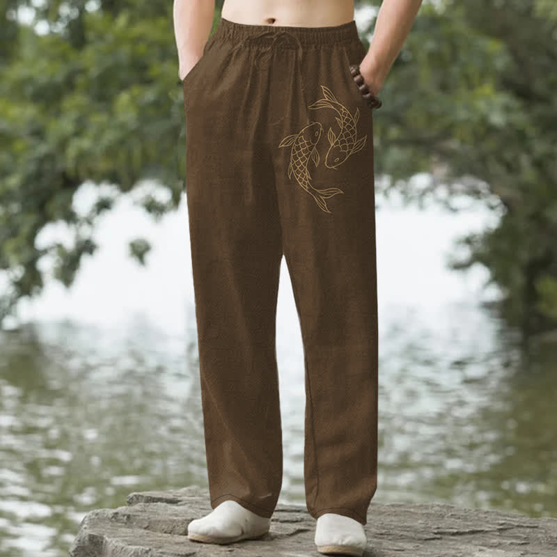 Buddha Stones Pantalon fuselé pour homme en coton à motif de carpes koï dorées, avec poches - SaddleBrown - US/UK/AU50，EU60 (5XL) - image 6