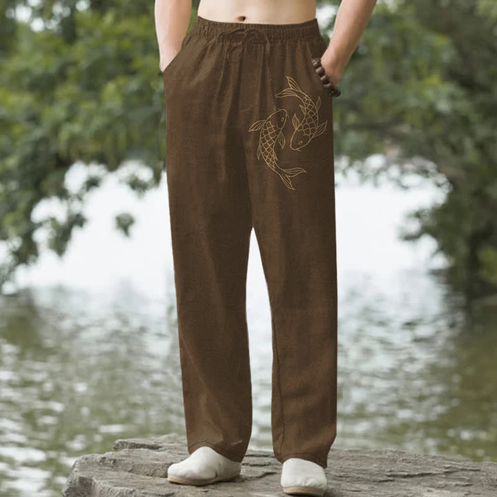 Buddha Stones Pantalon fuselé pour homme en coton à motif de carpes koï dorées, avec poches - SaddleBrown - US/UK/AU50，EU60 (5XL) - image 6