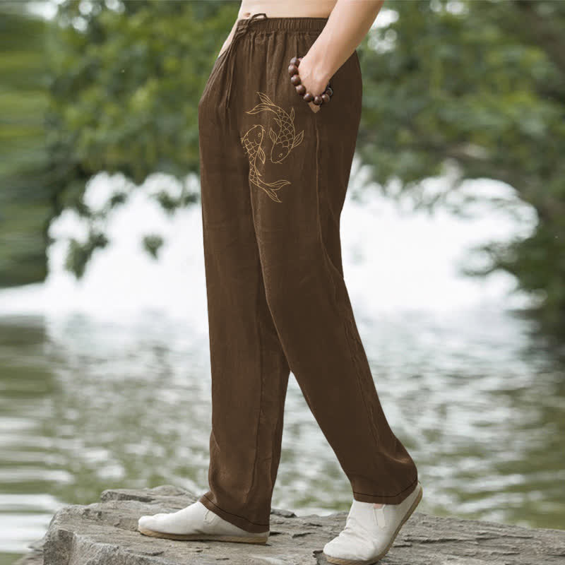Buddha Stones Pantalon fuselé pour homme en coton à motif de carpes koï dorées, avec poches - image 7