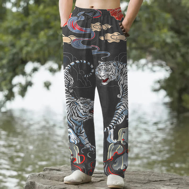 Buddha Stones Pantalon fuselé pour homme en coton blanc à motif nuage de tigre, avec poches - Noir - US/UK/AU50，EU60 (5XL) - image 0