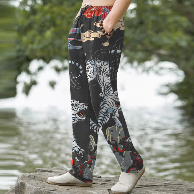 Buddha Stones Pantalon fuselé pour homme en coton blanc à motif nuage de tigre, avec poches - image 1
