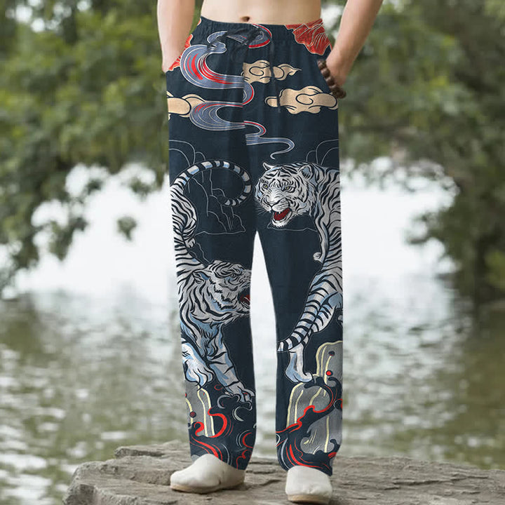 Buddha Stones Pantalon fuselé pour homme en coton blanc à motif nuage de tigre, avec poches - Marine - US/UK/AU50，EU60 (5XL) - image 4
