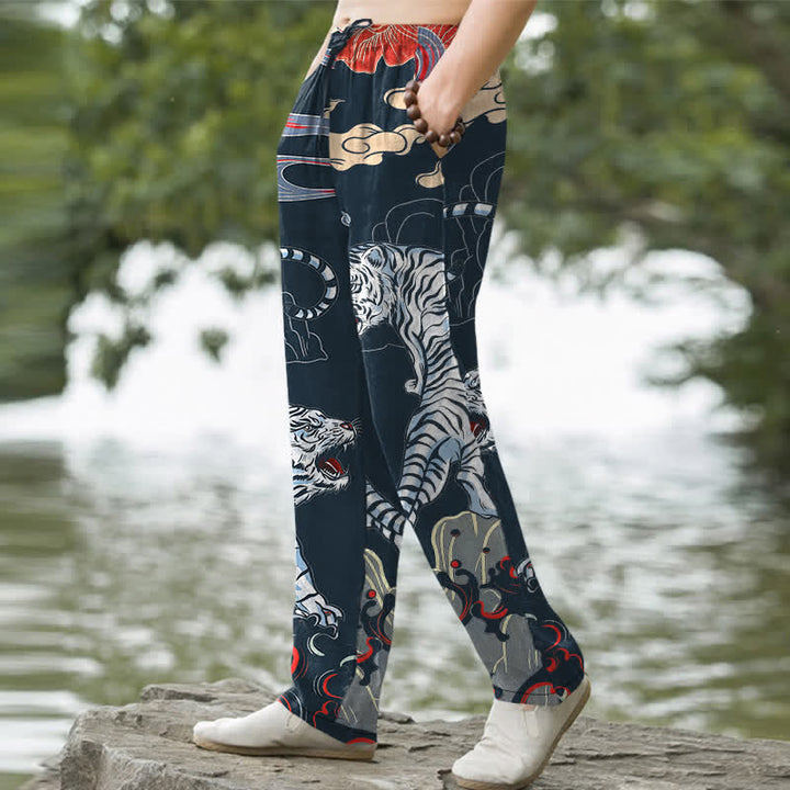 Buddha Stones Pantalon fuselé pour homme en coton blanc à motif nuage de tigre, avec poches - image 5