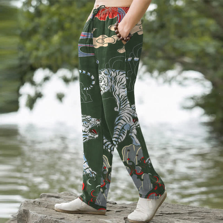 Buddha Stones Pantalon fuselé pour homme en coton blanc à motif nuage de tigre, avec poches - image 7