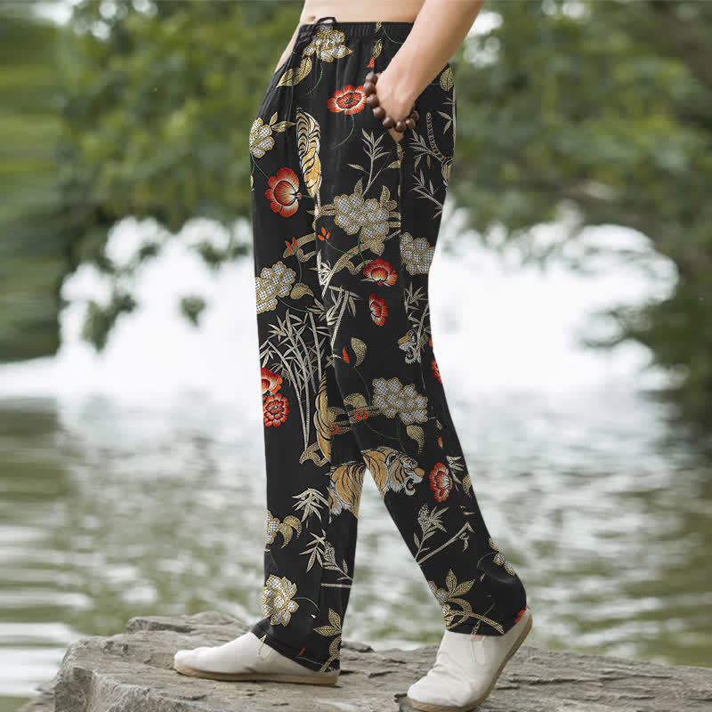 Buddha Stones Pantalon fuselé pour homme en coton à motif floral bambou et tigre, avec poches - image 1