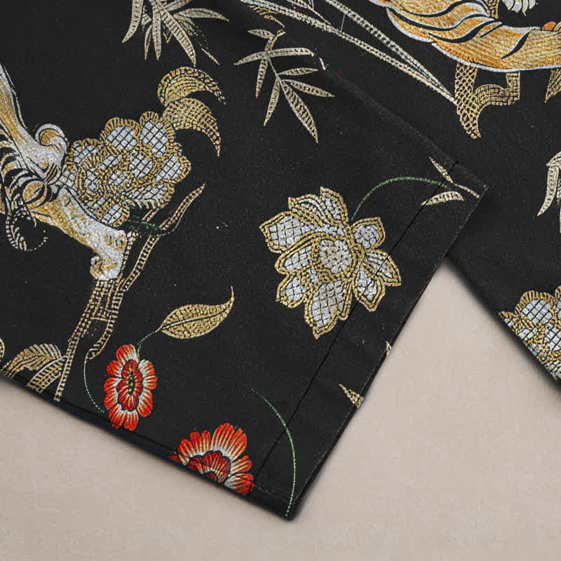 Buddha Stones Pantalon fuselé pour homme en coton à motif floral bambou et tigre, avec poches - image 2