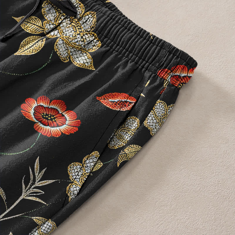 Buddha Stones Pantalon fuselé pour homme en coton à motif floral bambou et tigre, avec poches - image 3