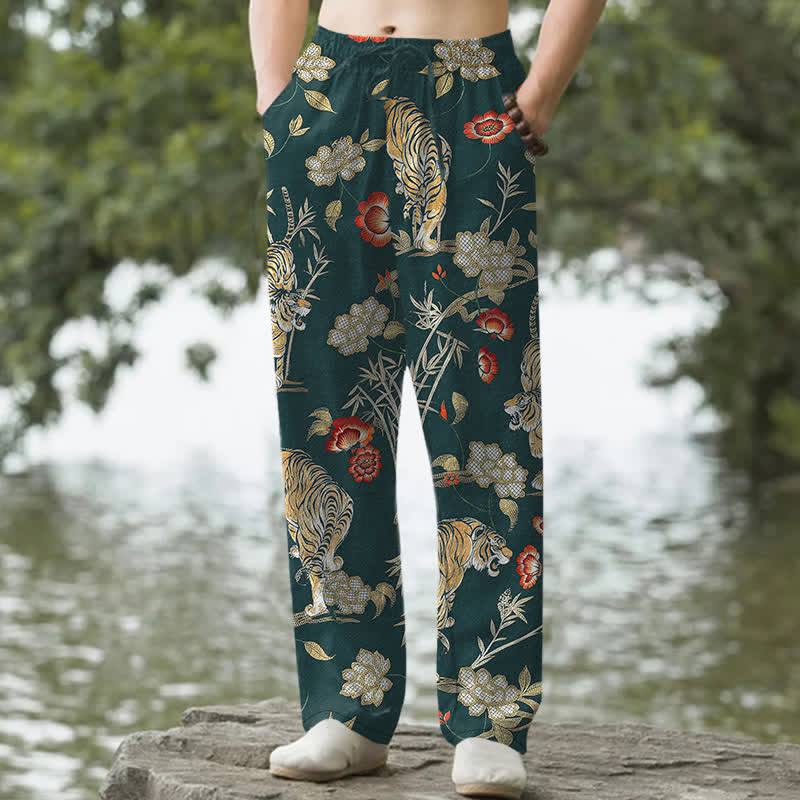 Buddha Stones Pantalon fuselé pour homme en coton à motif floral bambou et tigre, avec poches - Sarcelle - US/UK/AU50，EU60 (5XL) - image 4